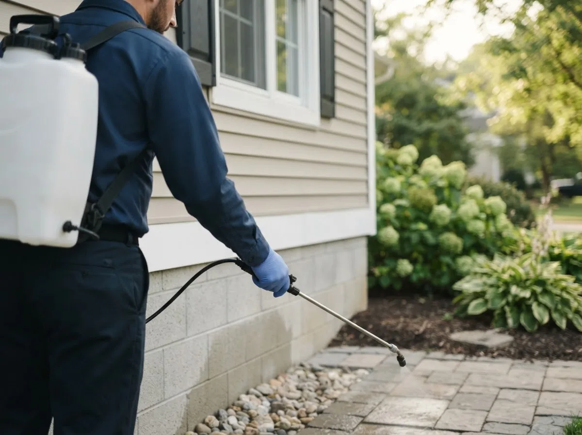 Pest control technician inspecting a home in Fulton, IL